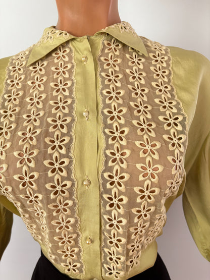 1940s 1950s Embroidered Silk Mesh Panel Blouse | XL/XXL