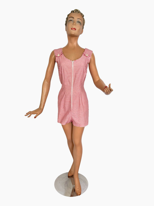 S | 1960s Pamina Mann Red And White Striped Cotton Playsuit