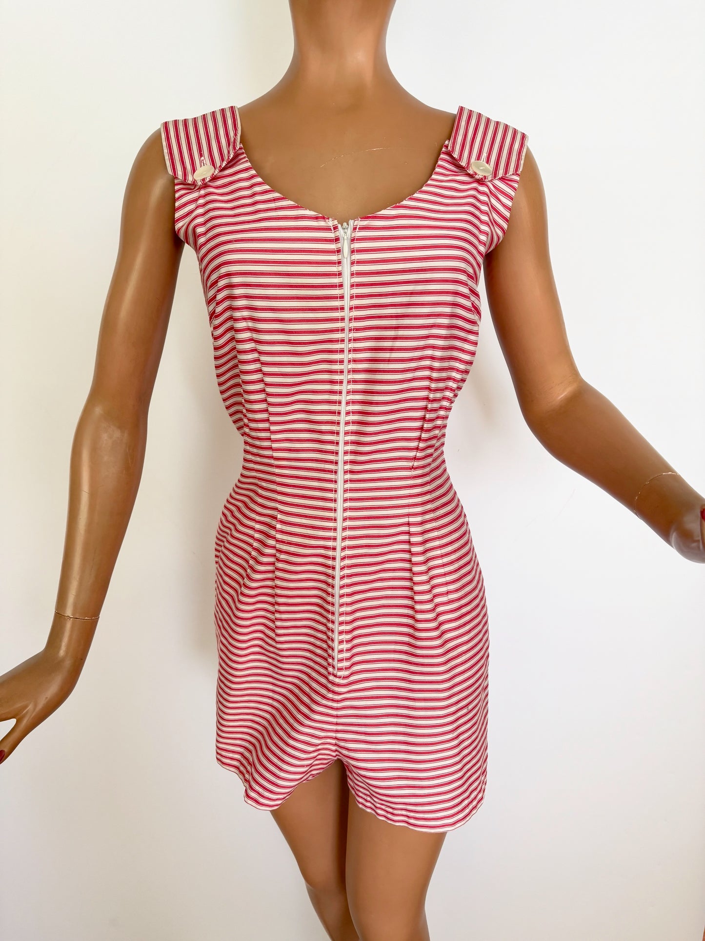 S | 1960s Pamina Mann Red And White Striped Cotton Playsuit