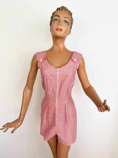 S | 1960s Pamina Mann Red And White Striped Cotton Playsuit