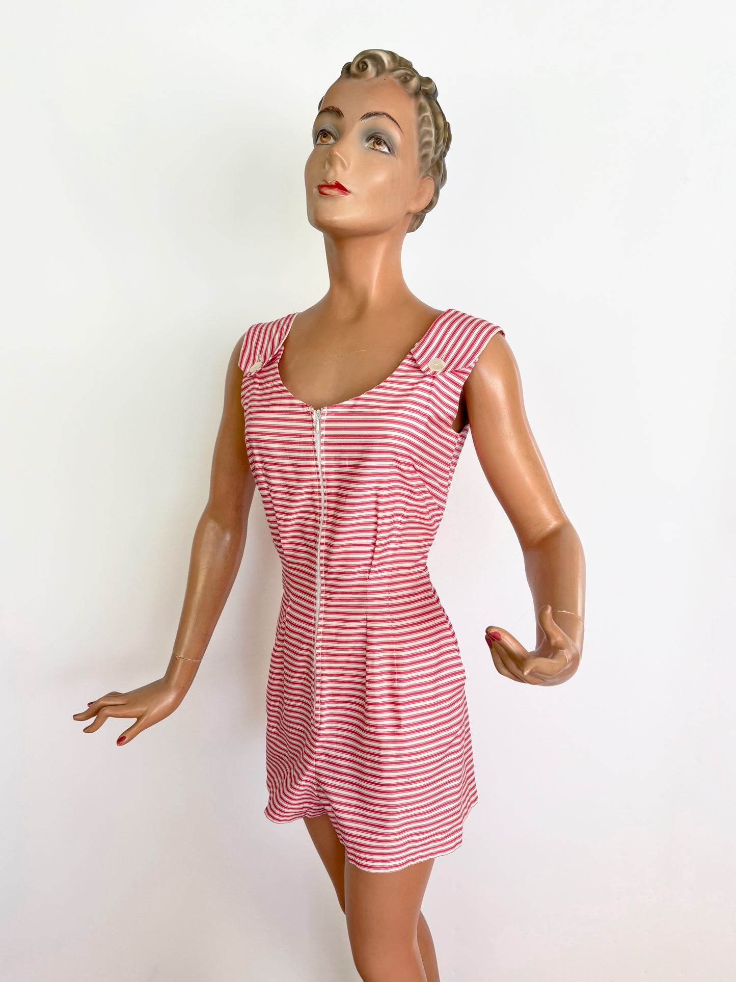 S | 1960s Pamina Mann Red And White Striped Cotton Playsuit