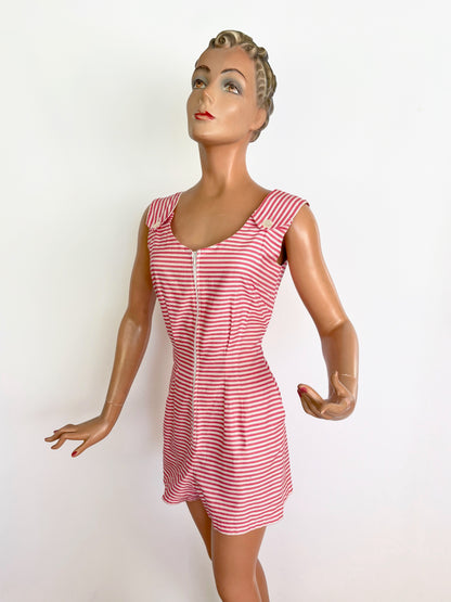 S | 1960s Pamina Mann Red And White Striped Cotton Playsuit
