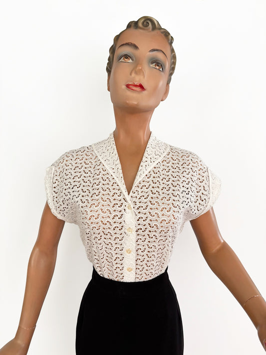 1940s/50s Off-White Cotton Lace Blouse | M