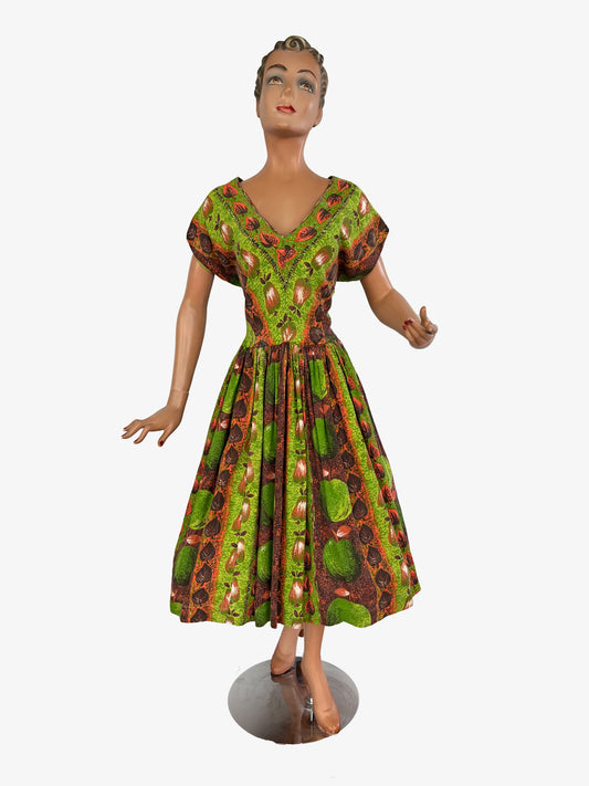 1950s Style Dress Apple And Pear Novelty Print Green Brown | 2XL/3XL