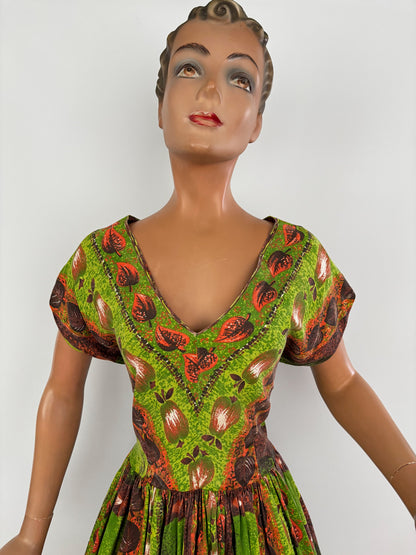 1950s Style Dress Apple And Pear Novelty Print Green Brown | 2XL/3XL