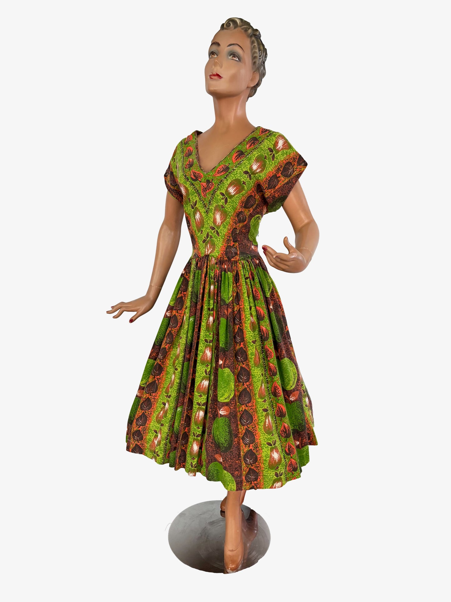 1950s Style Dress Apple And Pear Novelty Print Green Brown | 2XL/3XL