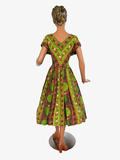 1950s Style Dress Apple And Pear Novelty Print Green Brown | 2XL/3XL