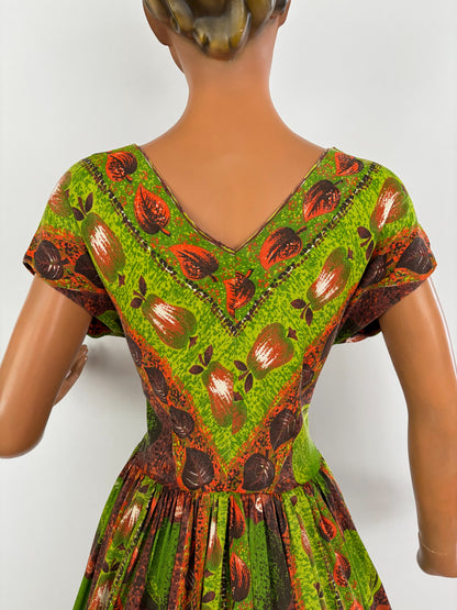 1950s Style Dress Apple And Pear Novelty Print Green Brown | 2XL/3XL