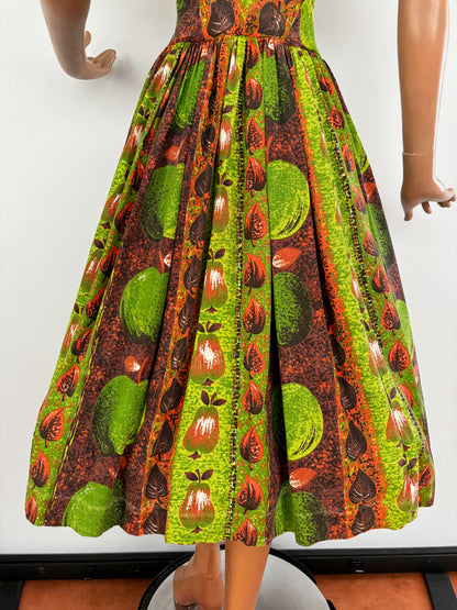 1950s Style Dress Apple And Pear Novelty Print Green Brown | 2XL/3XL