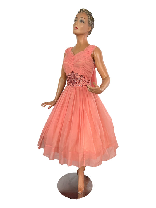 M | 1950s/60s Salmon Chiffon Cocktail Dress With Beaded Waist