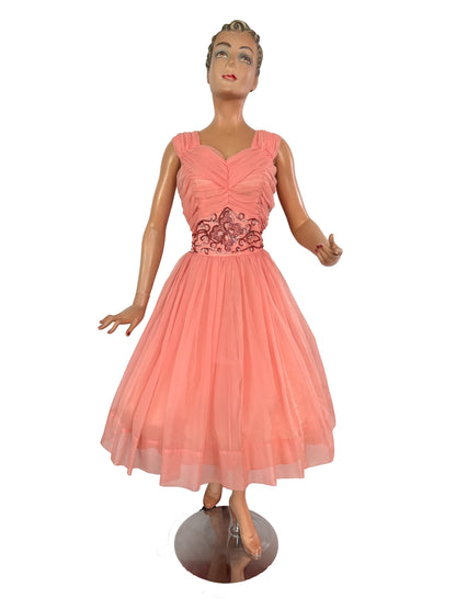 M | 1950s/60s Salmon Chiffon Cocktail Dress With Beaded Waist