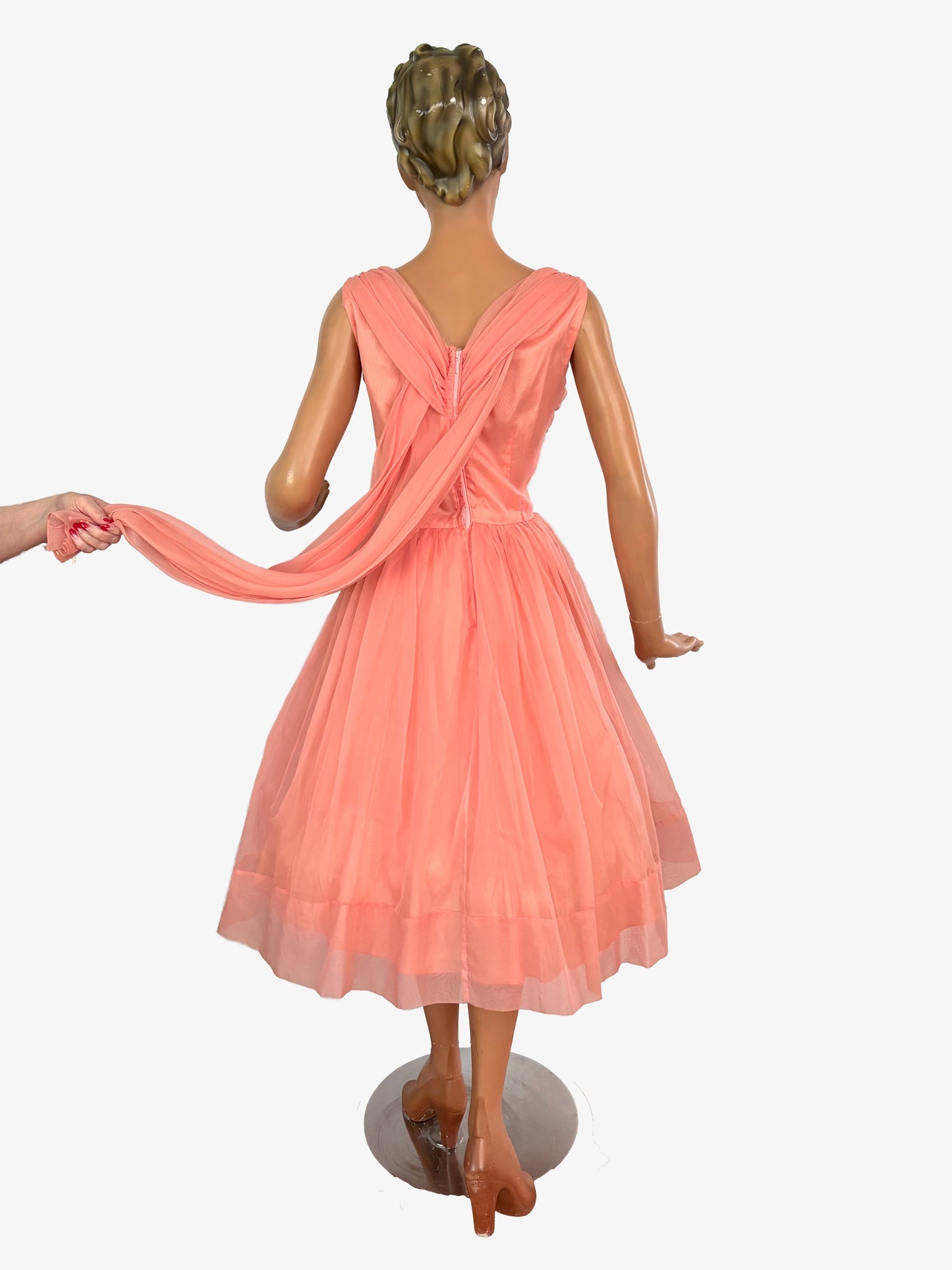 M | 1950s/60s Salmon Chiffon Cocktail Dress With Beaded Waist