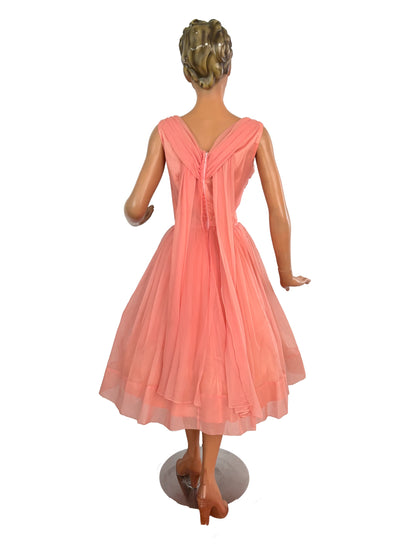 M | 1950s/60s Salmon Chiffon Cocktail Dress With Beaded Waist