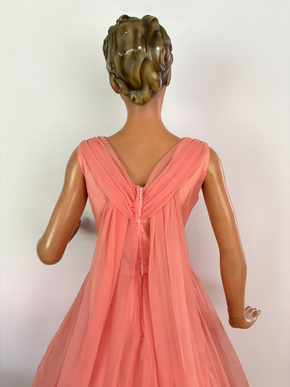 M | 1950s/60s Salmon Chiffon Cocktail Dress With Beaded Waist
