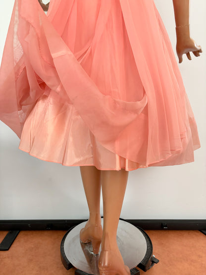 M | 1950s/60s Salmon Chiffon Cocktail Dress With Beaded Waist
