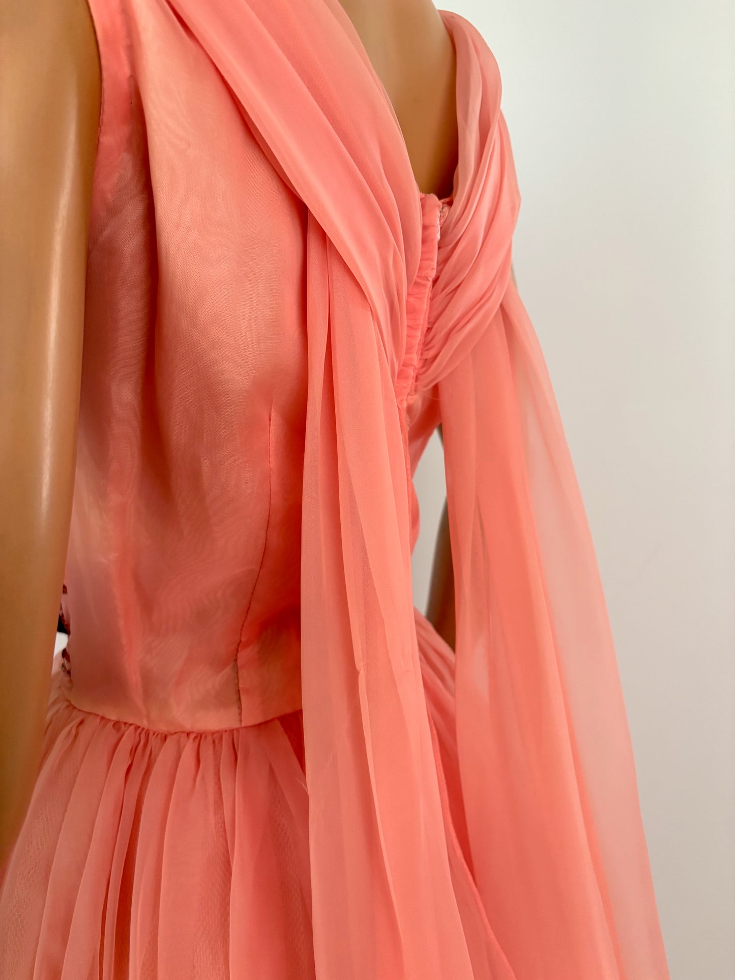 M | 1950s/60s Salmon Chiffon Cocktail Dress With Beaded Waist
