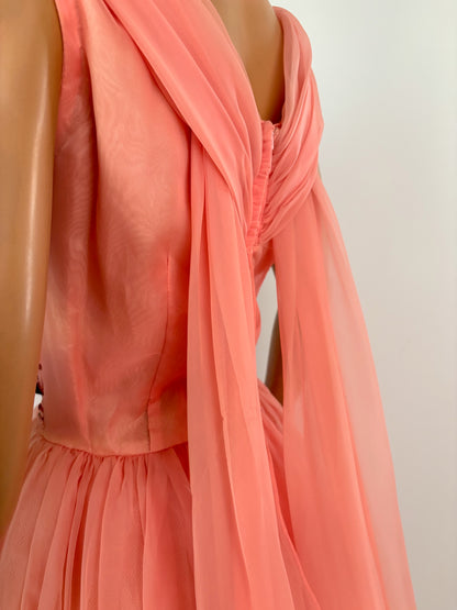 M | 1950s/60s Salmon Chiffon Cocktail Dress With Beaded Waist