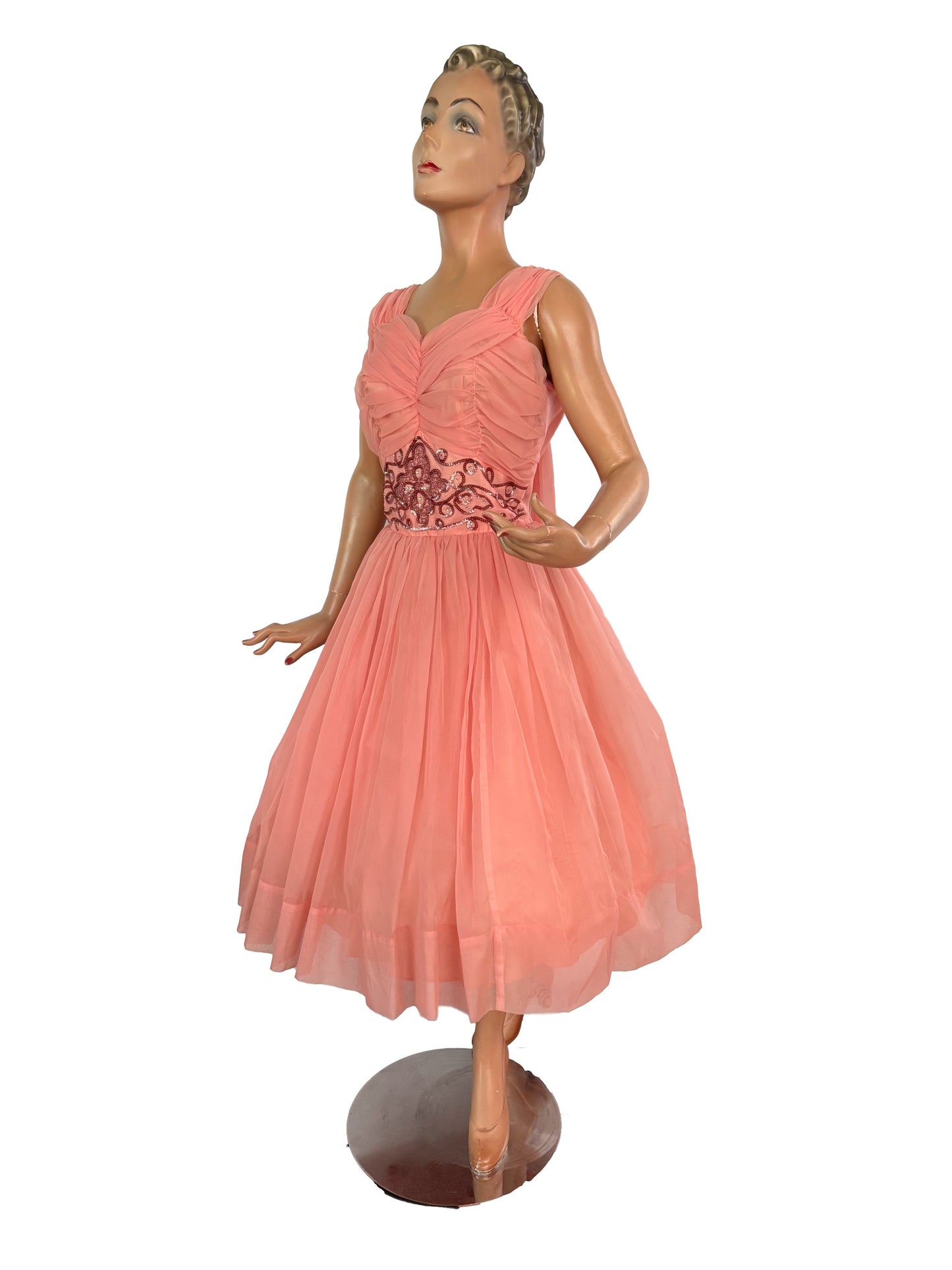 M | 1950s/60s Salmon Chiffon Cocktail Dress With Beaded Waist