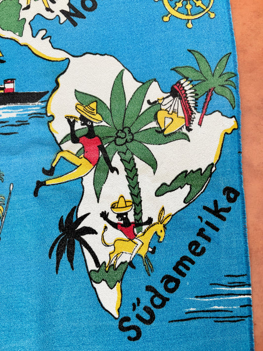 Vintage 1950s 1960s World Map Novelty Print Fabric 75x135 cm / 29.5x53"