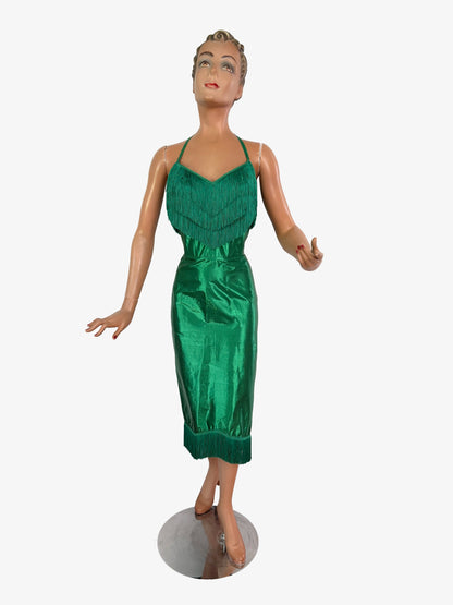 XS | 1950s Style Green Silk Lamé Fringe Cocktail Dress By Guyé