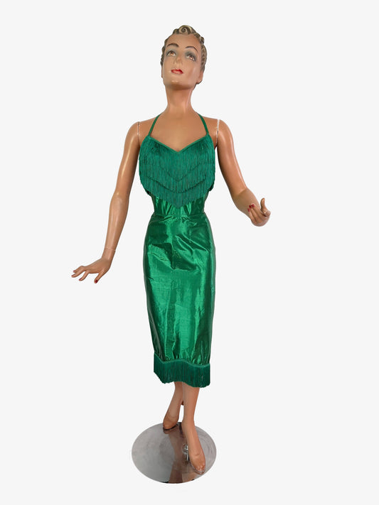 XS | 1950s Style Green Silk Lamé Fringe Cocktail Dress By Guyé