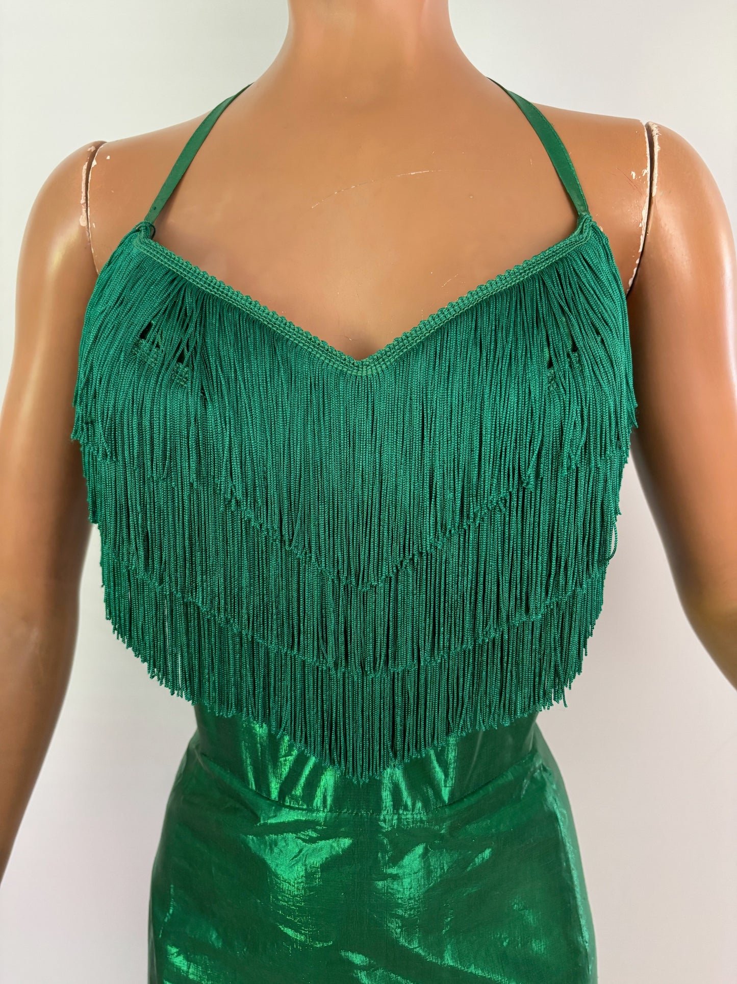 XS | 1950s Style Green Silk Lamé Fringe Cocktail Dress By Guyé