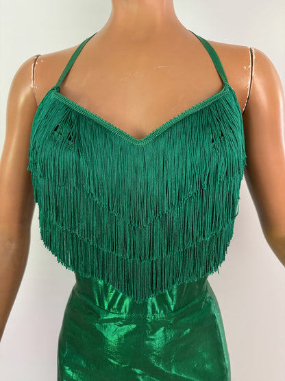 XS | 1950s Style Green Silk Lamé Fringe Cocktail Dress By Guyé