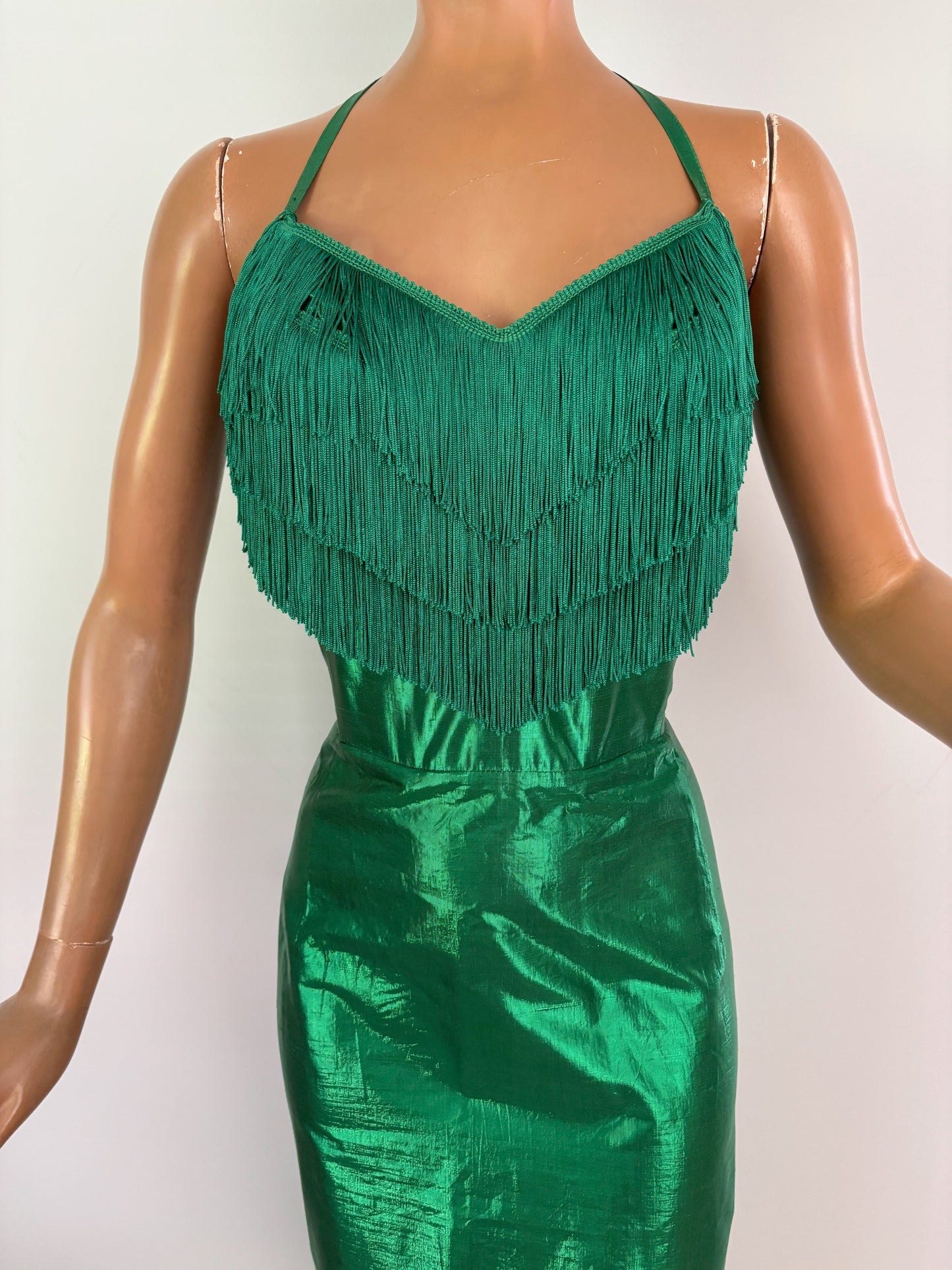 XS | 1950s Style Green Silk Lamé Fringe Cocktail Dress By Guyé