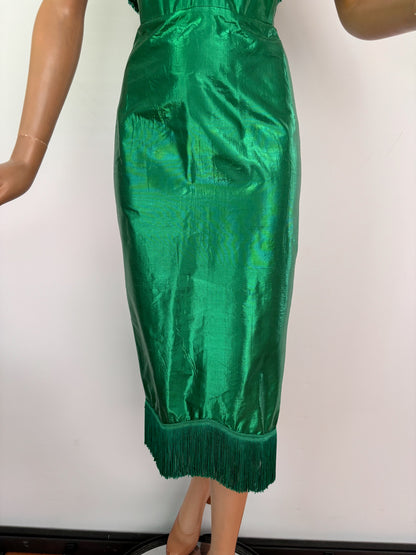 XS | 1950s Style Green Silk Lamé Fringe Cocktail Dress By Guyé