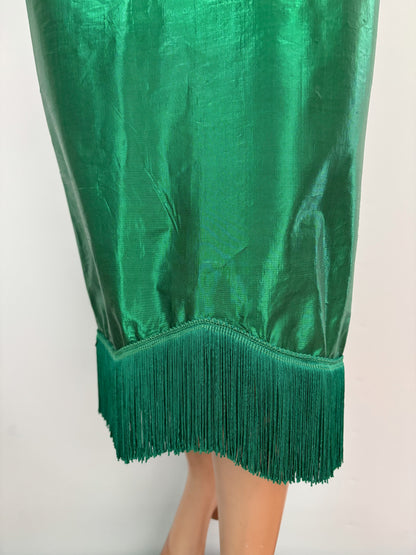 XS | 1950s Style Green Silk Lamé Fringe Cocktail Dress By Guyé
