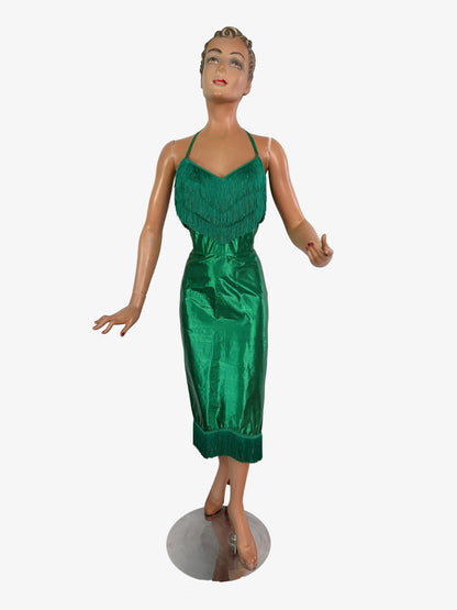 XS | 1950s Style Green Silk Lamé Fringe Cocktail Dress By Guyé