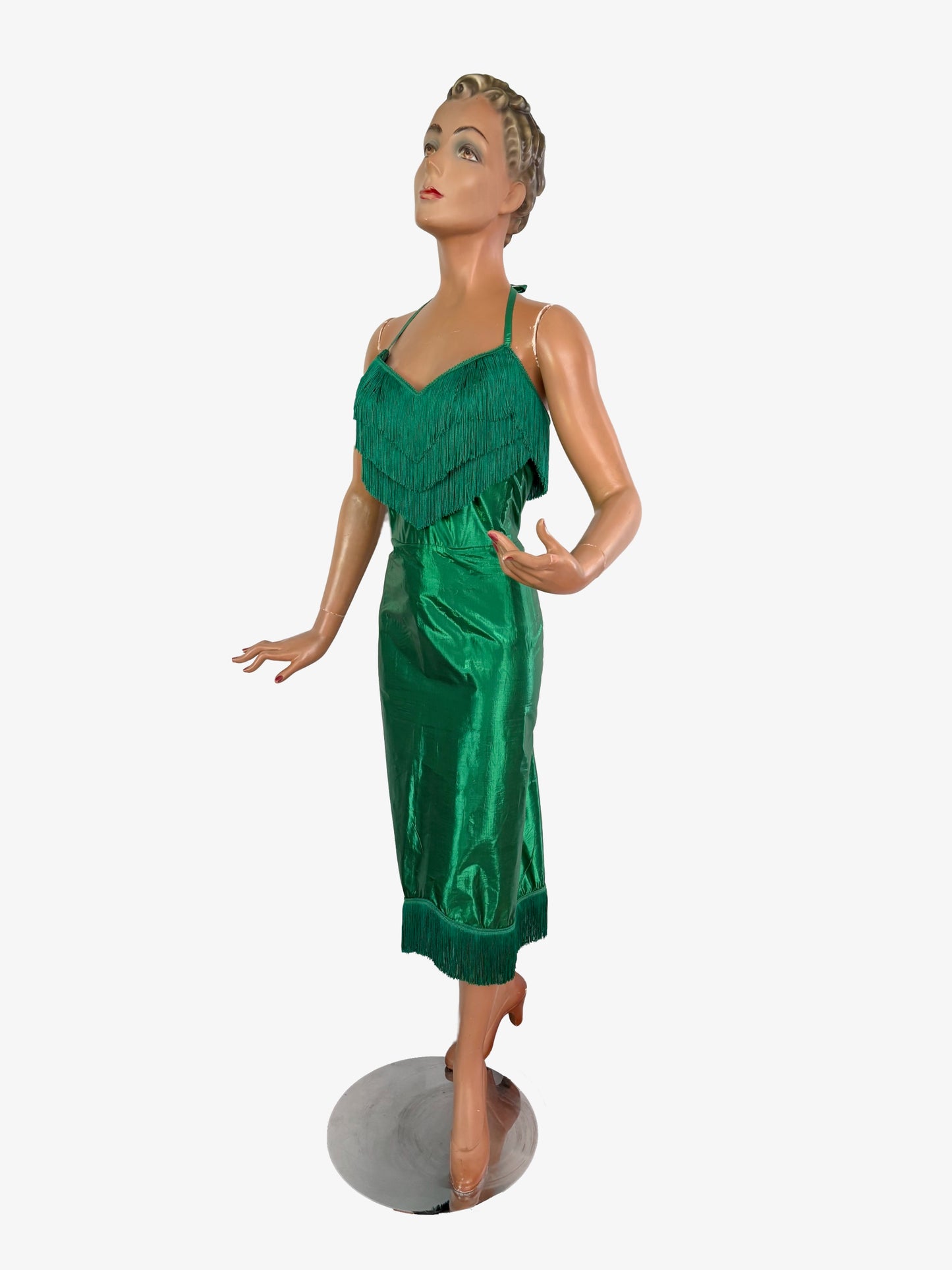 XS | 1950s Style Green Silk Lamé Fringe Cocktail Dress By Guyé
