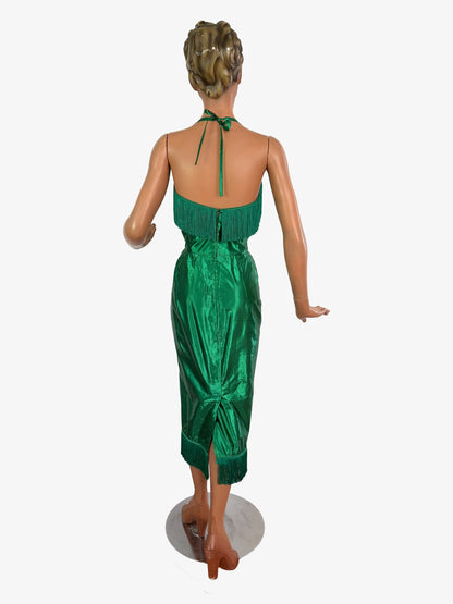 XS | 1950s Style Green Silk Lamé Fringe Cocktail Dress By Guyé
