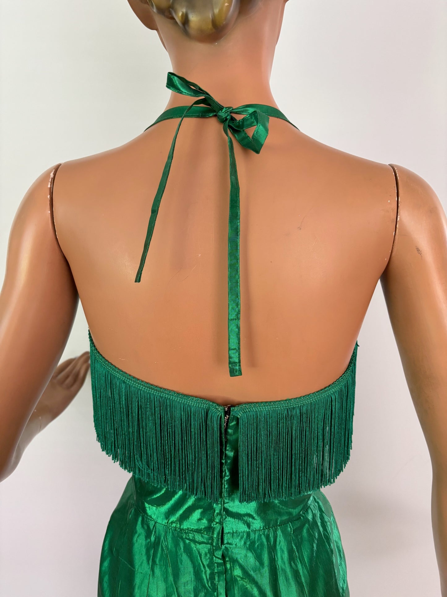 XS | 1950s Style Green Silk Lamé Fringe Cocktail Dress By Guyé