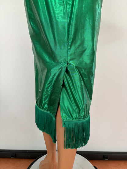 XS | 1950s Style Green Silk Lamé Fringe Cocktail Dress By Guyé