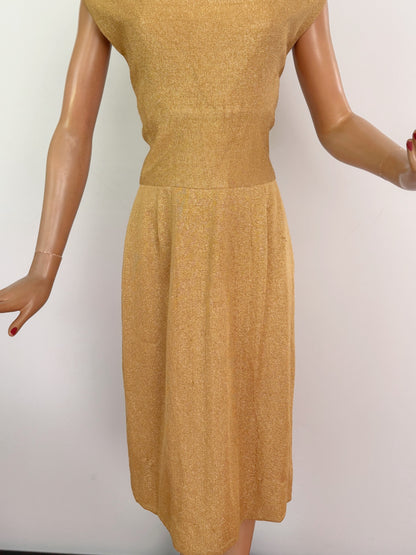 M | 1960s Alfred Shaheen Gold Lurex Dress Wounded
