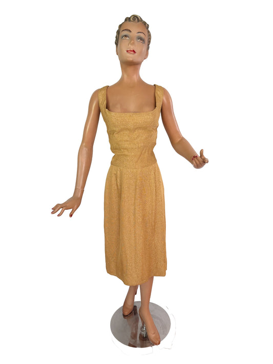 M | 1960s Alfred Shaheen Gold Lurex Dress Wounded