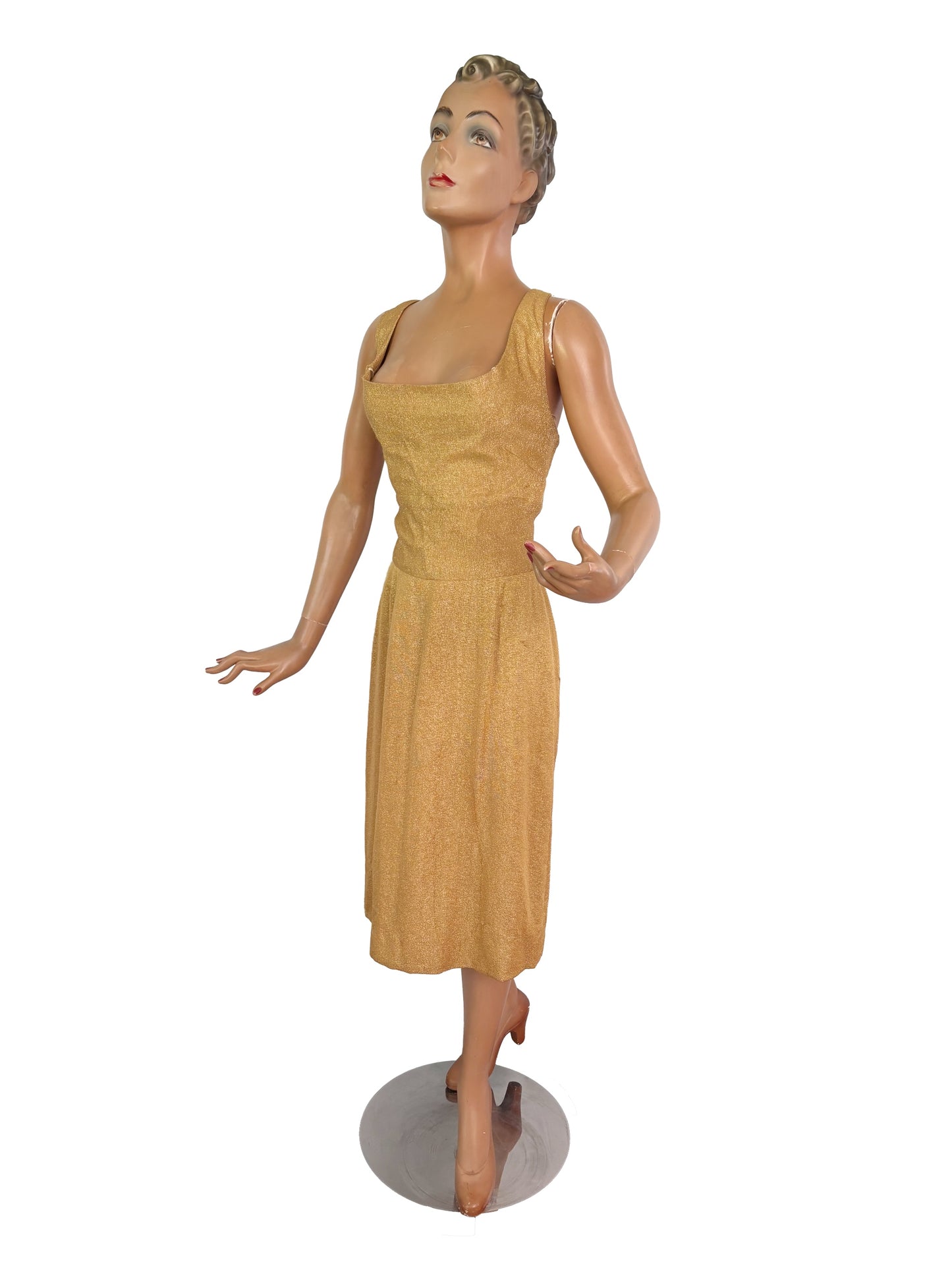 M | 1960s Alfred Shaheen Gold Lurex Dress Wounded
