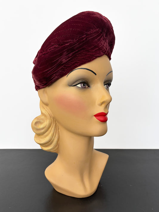 1940s Burgundy Red Velvet Turban