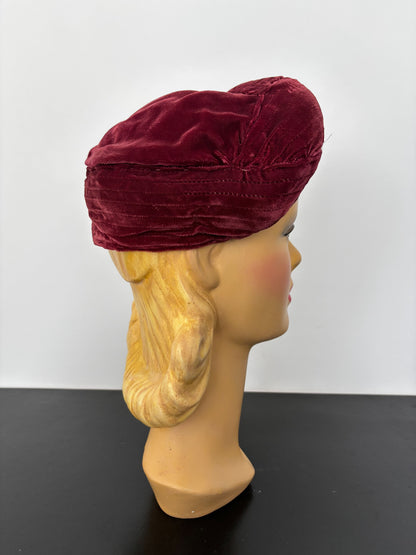 1940s Burgundy Red Velvet Turban