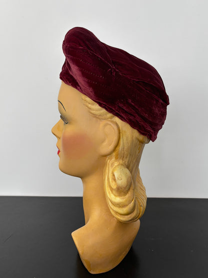 1940s Burgundy Red Velvet Turban
