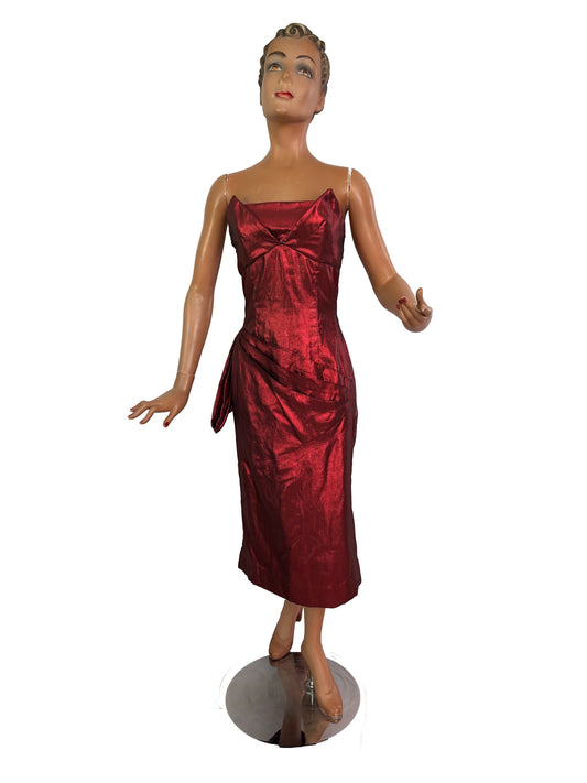XS | 1950s Style Red Lamé Strapless Evening Dress