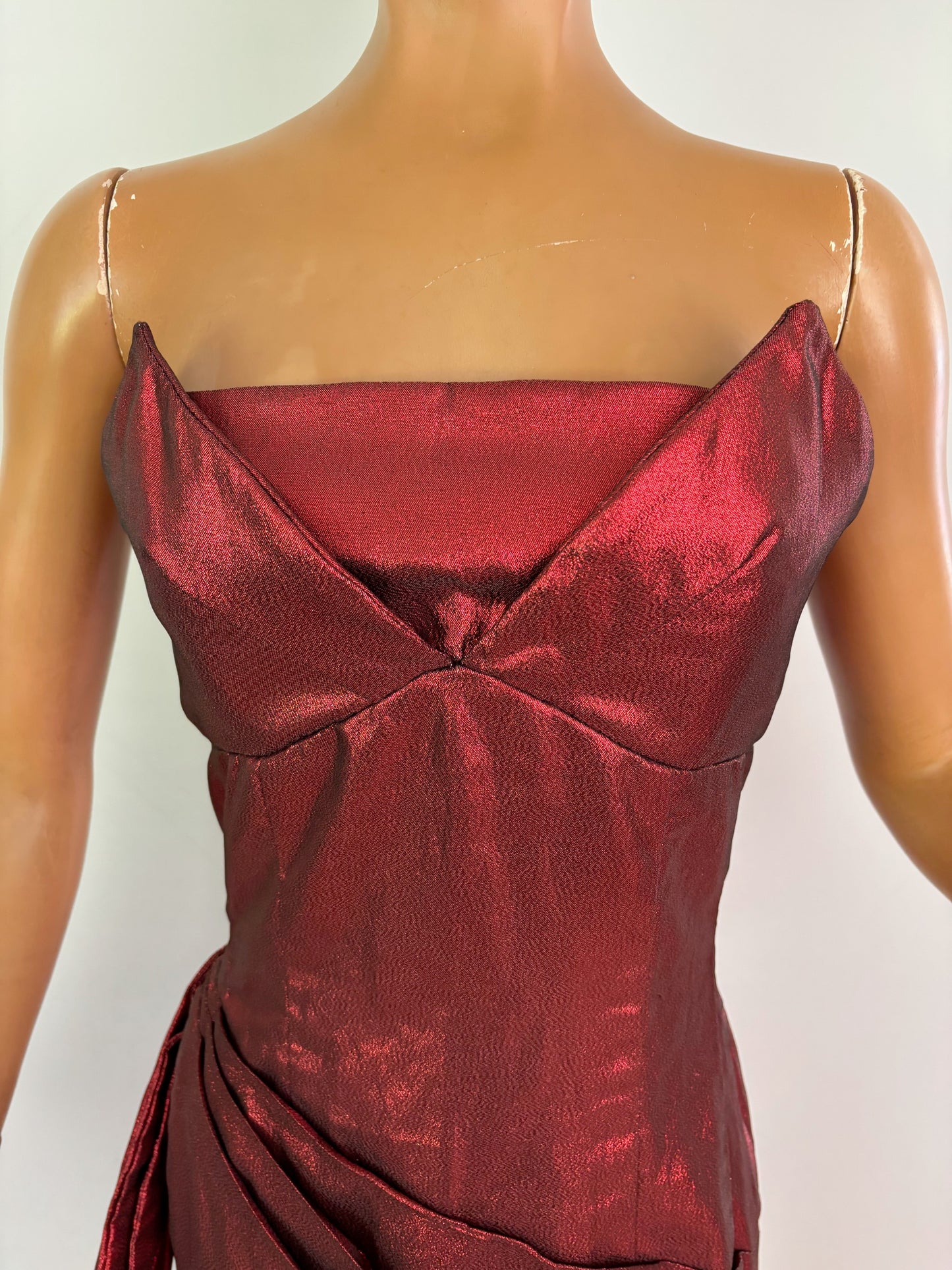 XS | 1950s Style Red Lamé Strapless Evening Dress
