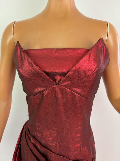 XS | 1950s Style Red Lamé Strapless Evening Dress