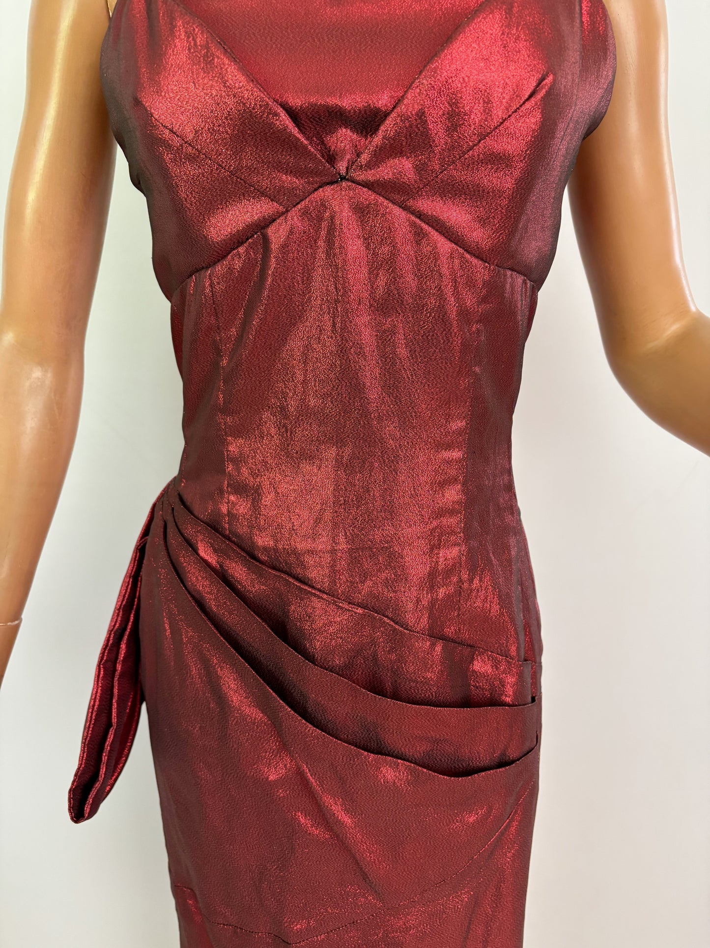 XS | 1950s Style Red Lamé Strapless Evening Dress