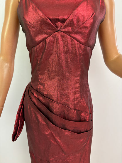 XS | 1950s Style Red Lamé Strapless Evening Dress
