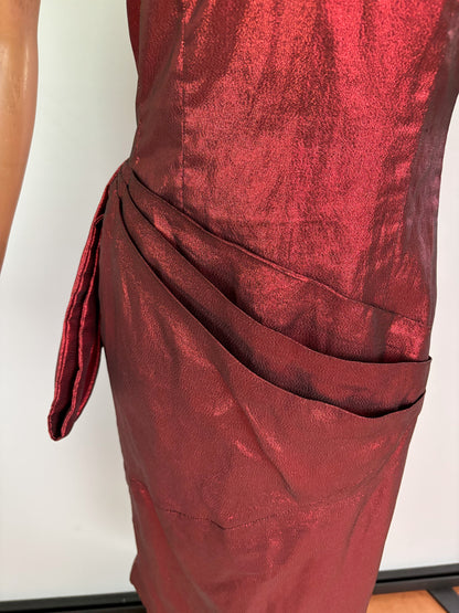 XS | 1950s Style Red Lamé Strapless Evening Dress