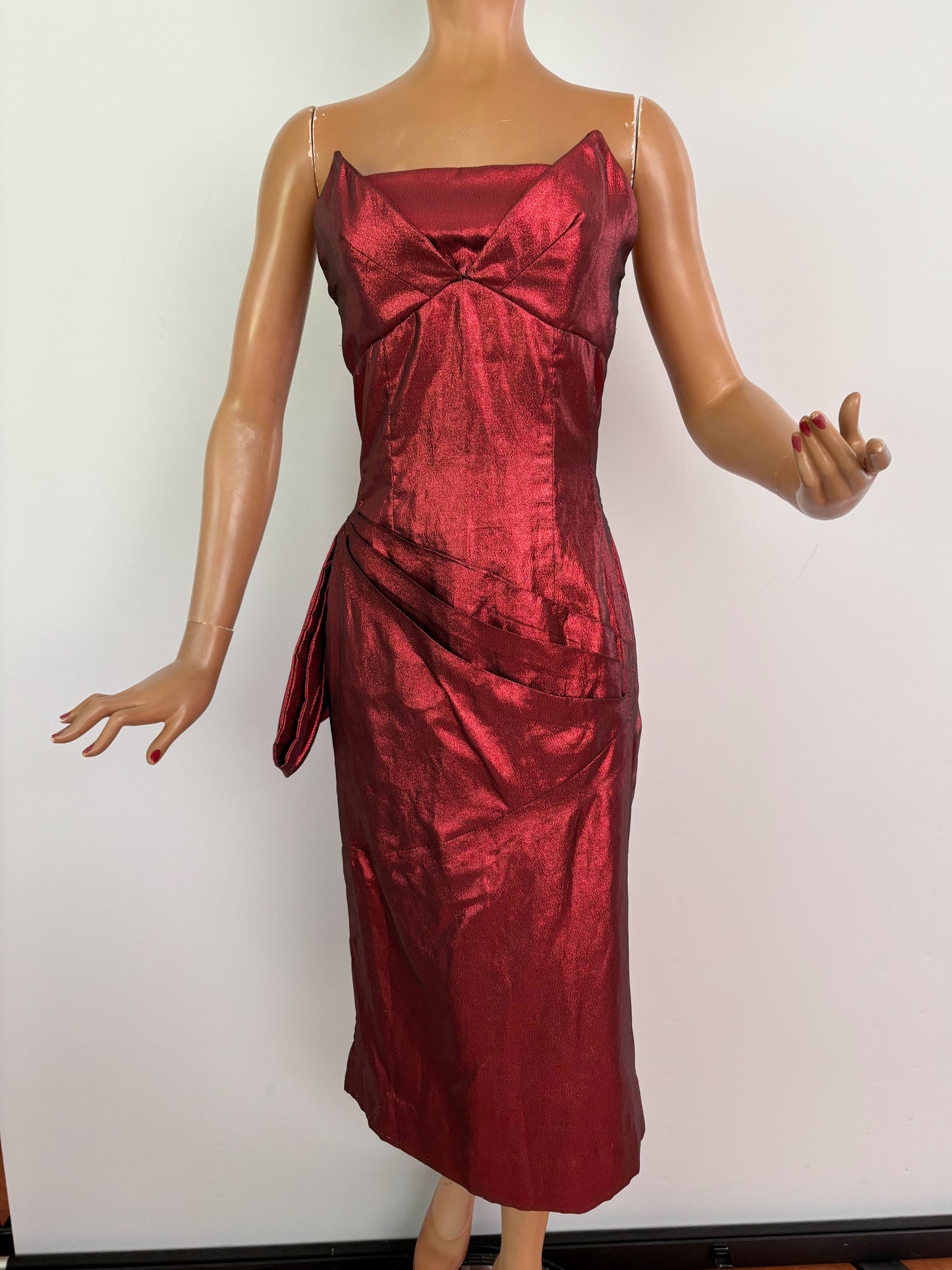 XS | 1950s Style Red Lamé Strapless Evening Dress