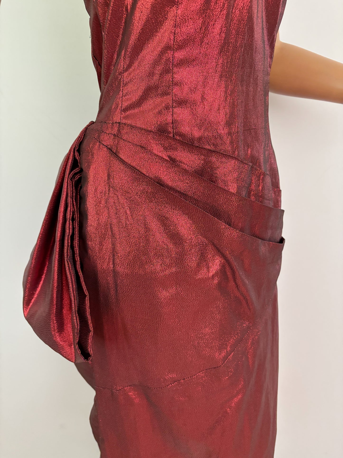XS | 1950s Style Red Lamé Strapless Evening Dress