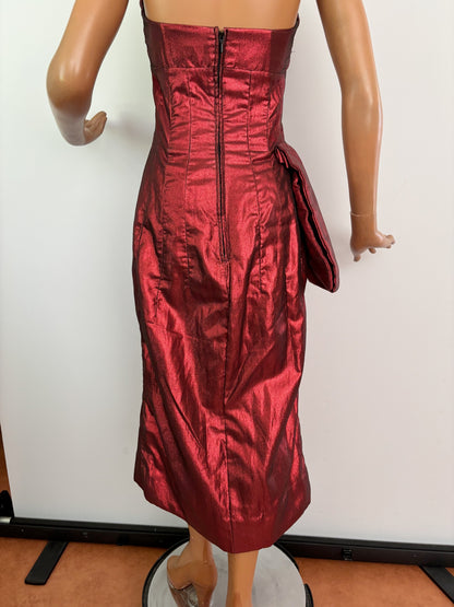 XS | 1950s Style Red Lamé Strapless Evening Dress